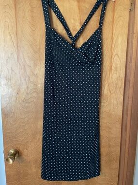 Parallel Vintage Black Polka Dot Midi Dress with Cross-Back Straps, XL